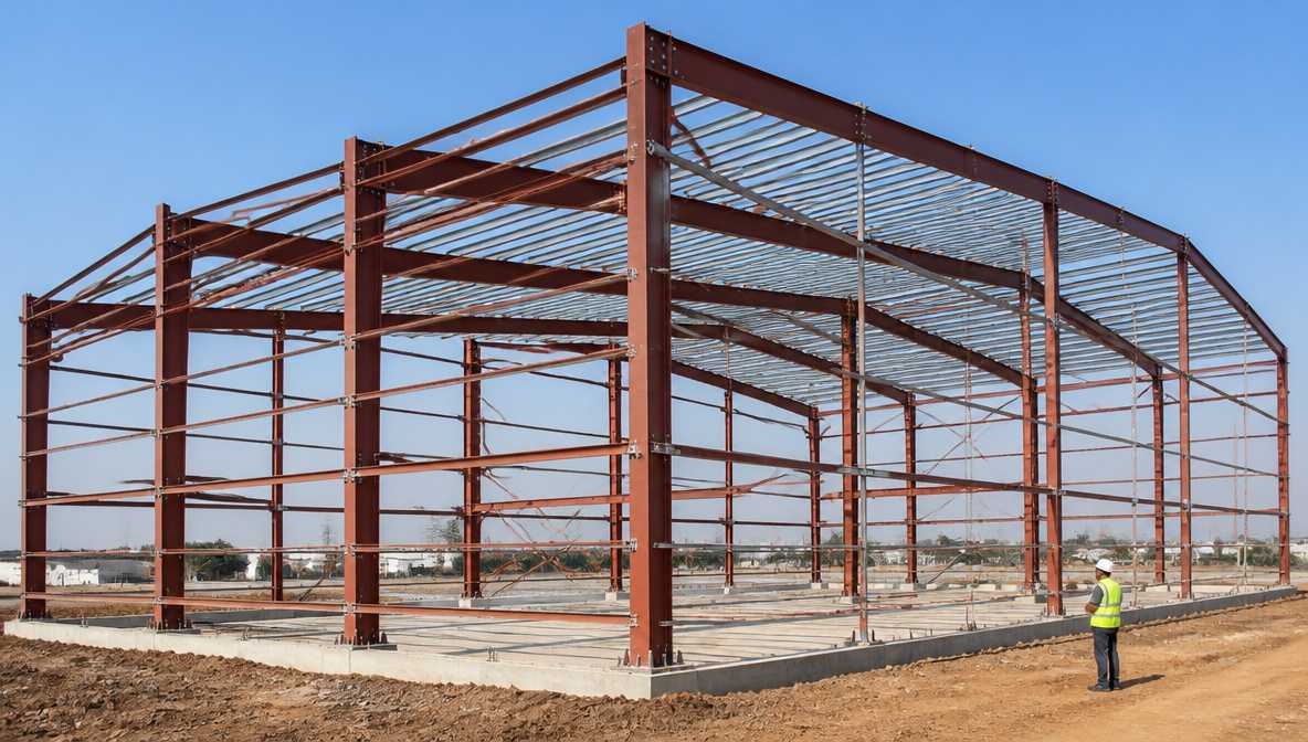 Red-oxide steel frame of a pre-engineered building structure showing columns, rafters, purlins and bracing before cladding.