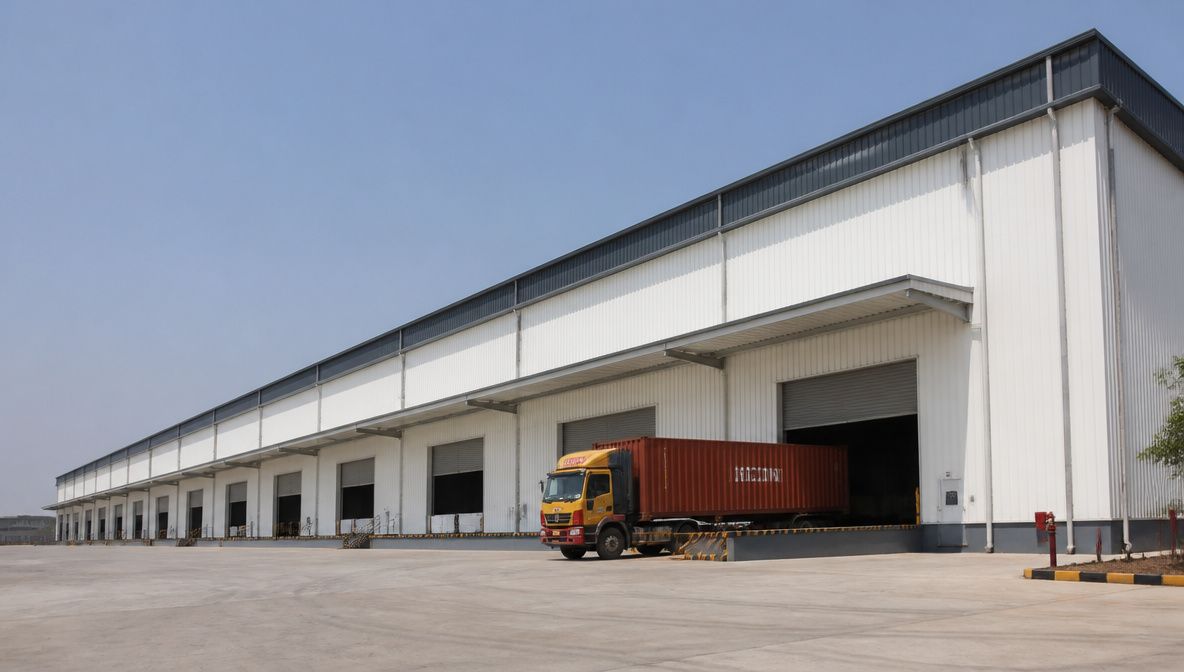 Large pure white pre-engineered building structure with multiple loading-dock bays on an industrial logistics site.