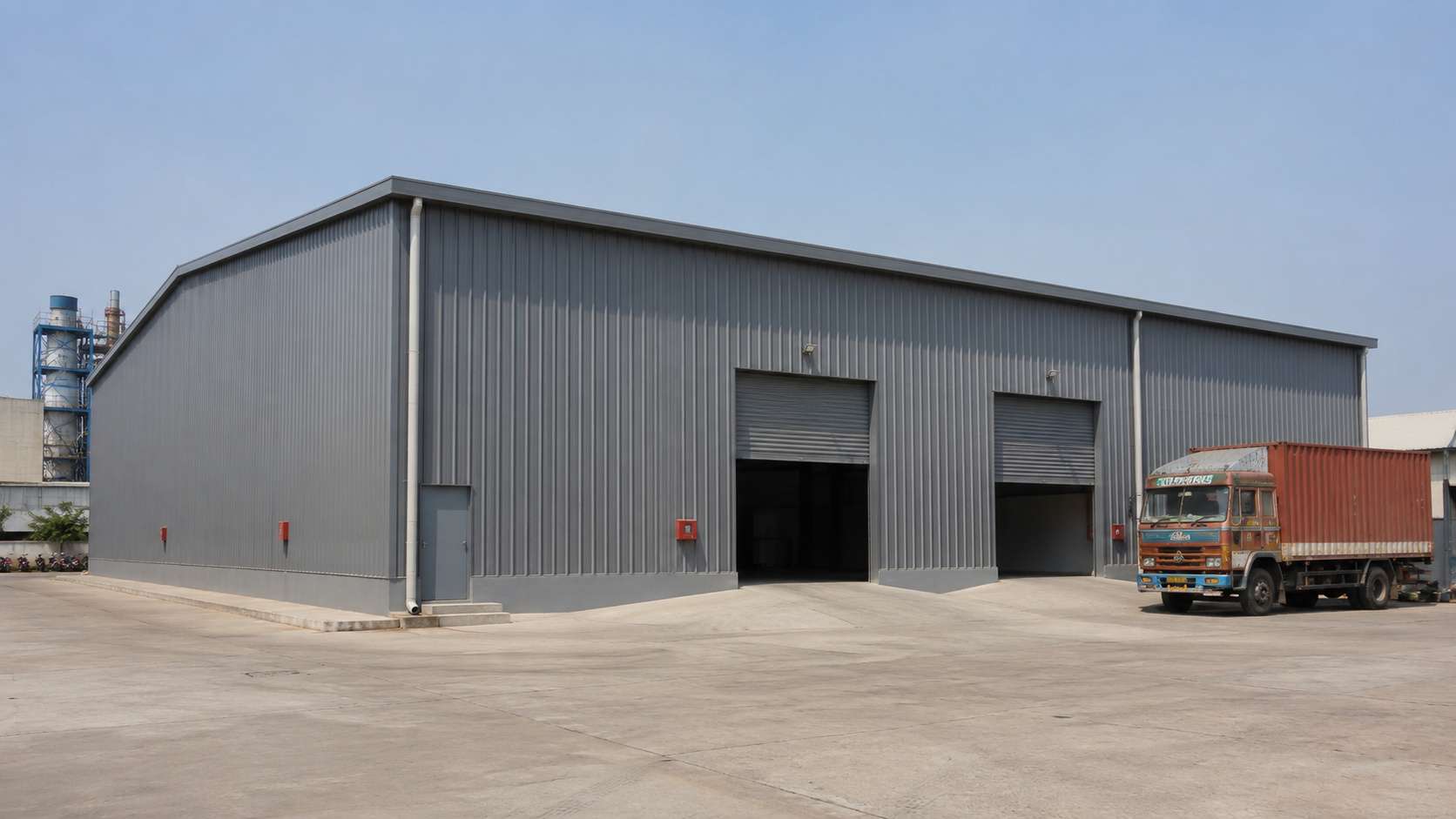 Large grey pre-engineered steel warehouse with two roller-shutter loading bays and a goods truck at an industrial site.