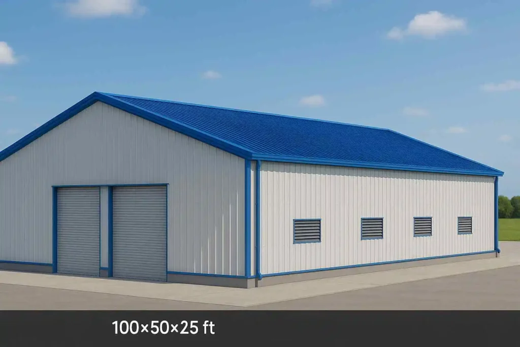 Modern pre-engineered building with blue roof and trims