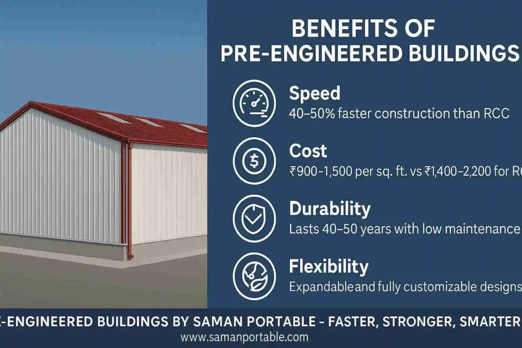 Pre-engineered industrial building with red roof