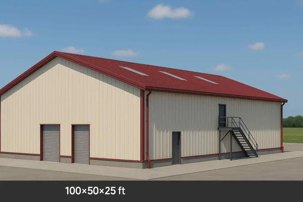Pre-engineered steel warehouse with red roof and stairs