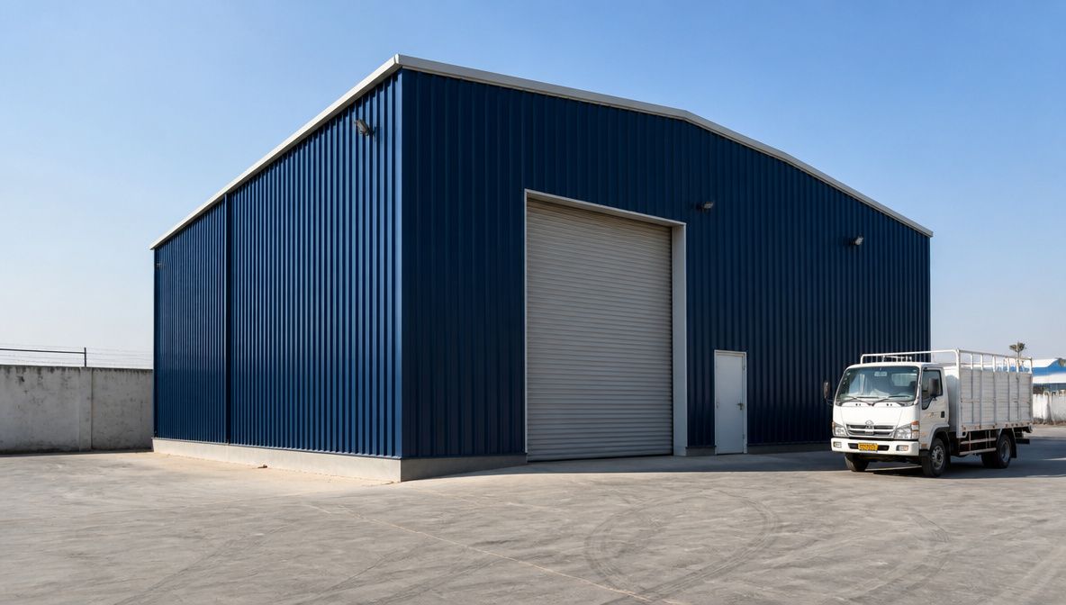 Finished navy pre-engineered metal building on a paved plot at an Indian industrial estate