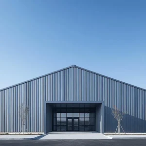 Grey pre-engineered steel building with a glass front entrance and gable roof on a paved industrial plot.