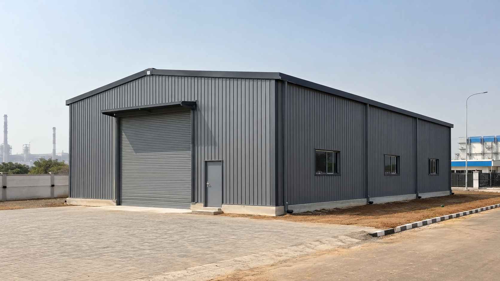 Grey pre-engineered steel building on a levelled industrial plot in India under clear morning light.