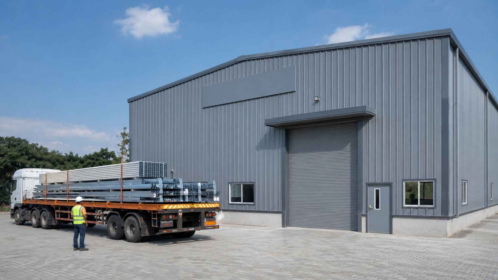 Grey pre-engineered steel building beside a flatbed truck loaded with steel members for direct supply.