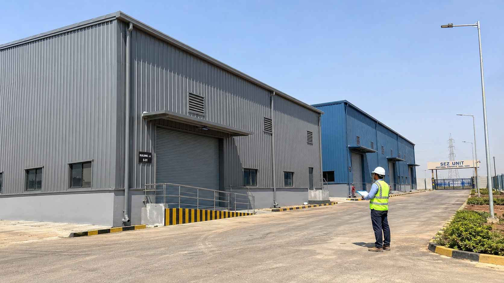 Two grey and blue pre-engineered steel buildings on an SEZ industrial-zone plot with an inspector in PPE.
