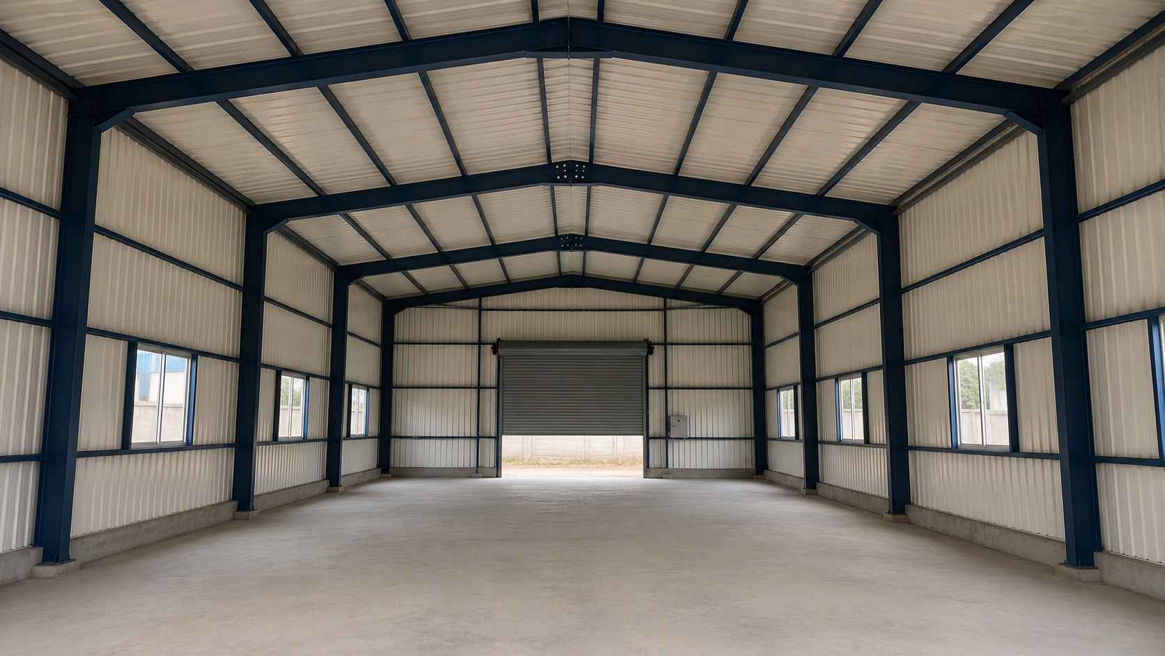 Column-free interior of a pre-engineering structure showing a 30-foot clear span and exposed steel rafters.