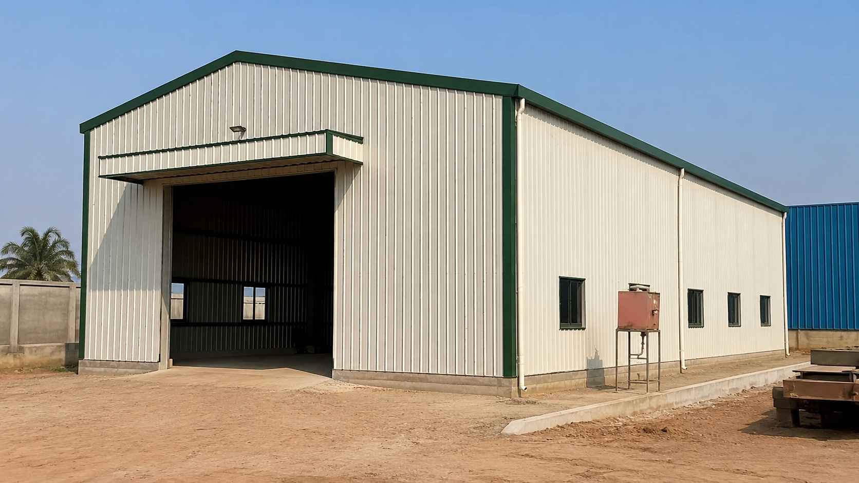White pre-engineering structure with green trim on a small industrial compound at single-bay scale.