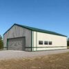 Cream pre-engineering structure with green gable roof and roller door on a cleared industrial plot.