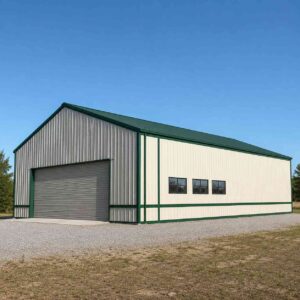 Cream pre-engineering structure with green gable roof and roller door on a cleared industrial plot.