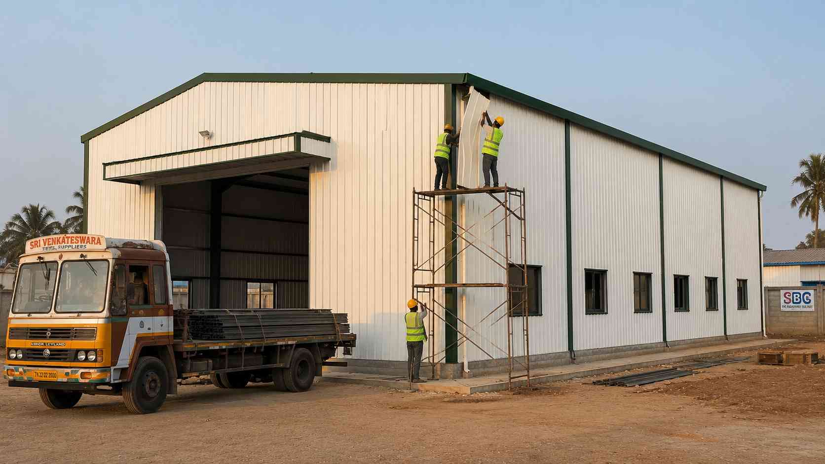 Crew finishing a white-and-green pre-engineering structure with a delivery truck of steel members alongside.