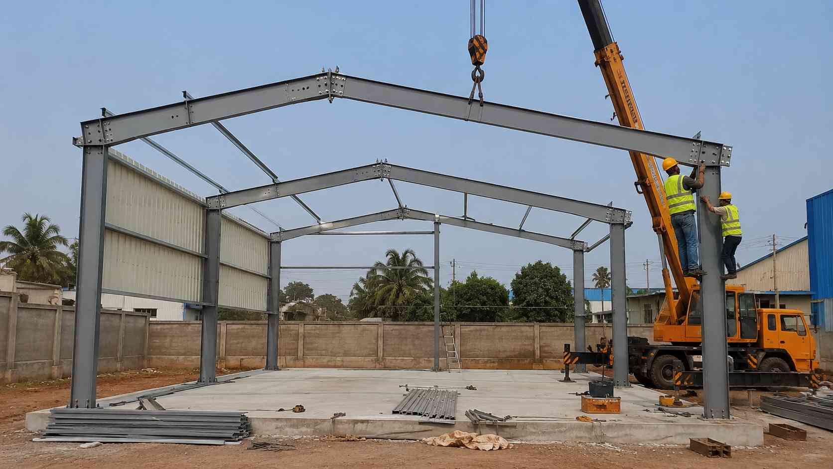 Steel-grey portal frames of a pre-engineering structure being bolted onto a foundation with a small crane.