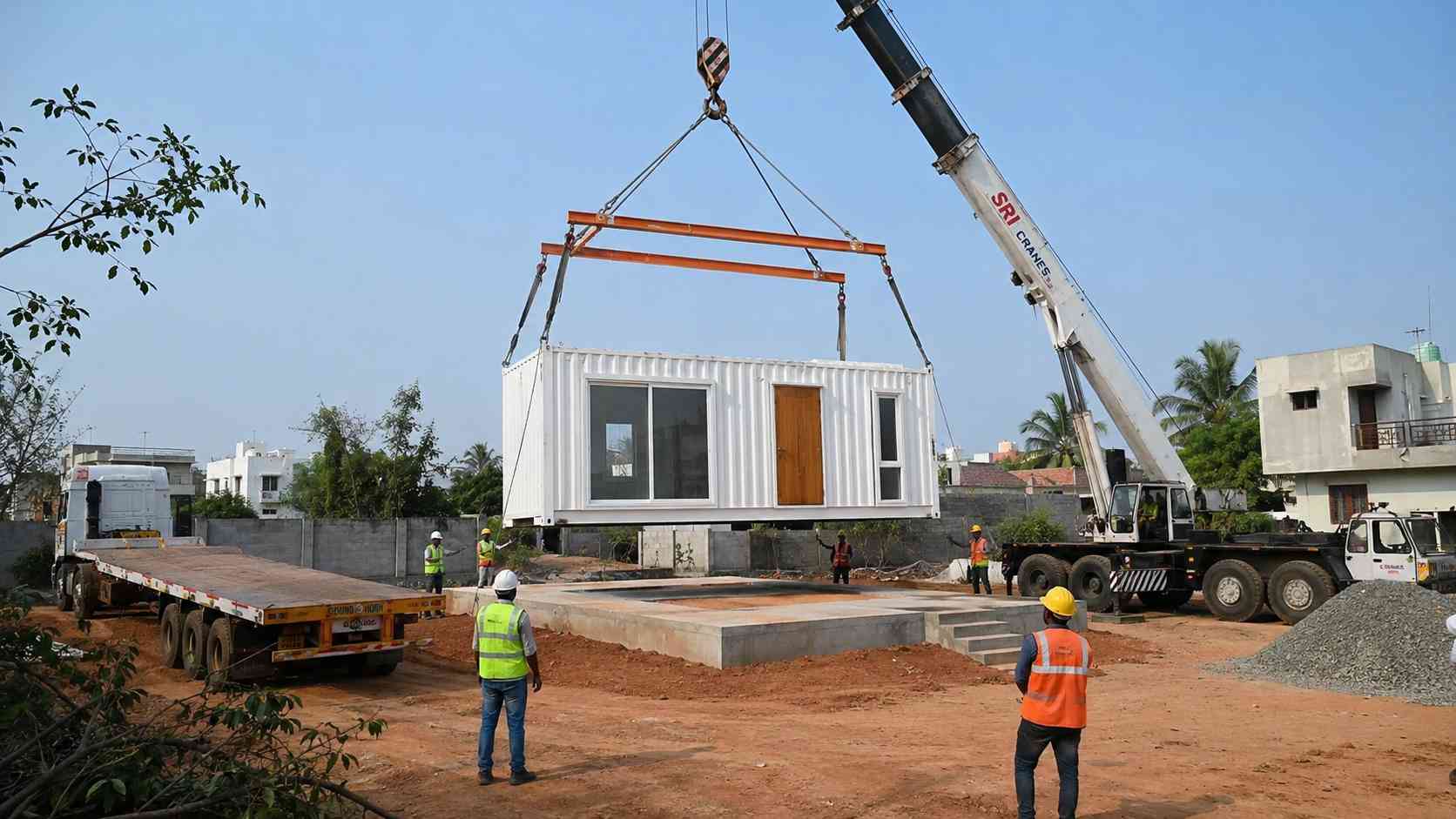 Crane placing a white prebuilt container home module onto a prepared plinth on an Indian plot.