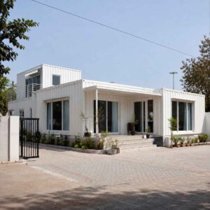 Pure white prebuilt container home, multi-module family residence on a level Indian plot.