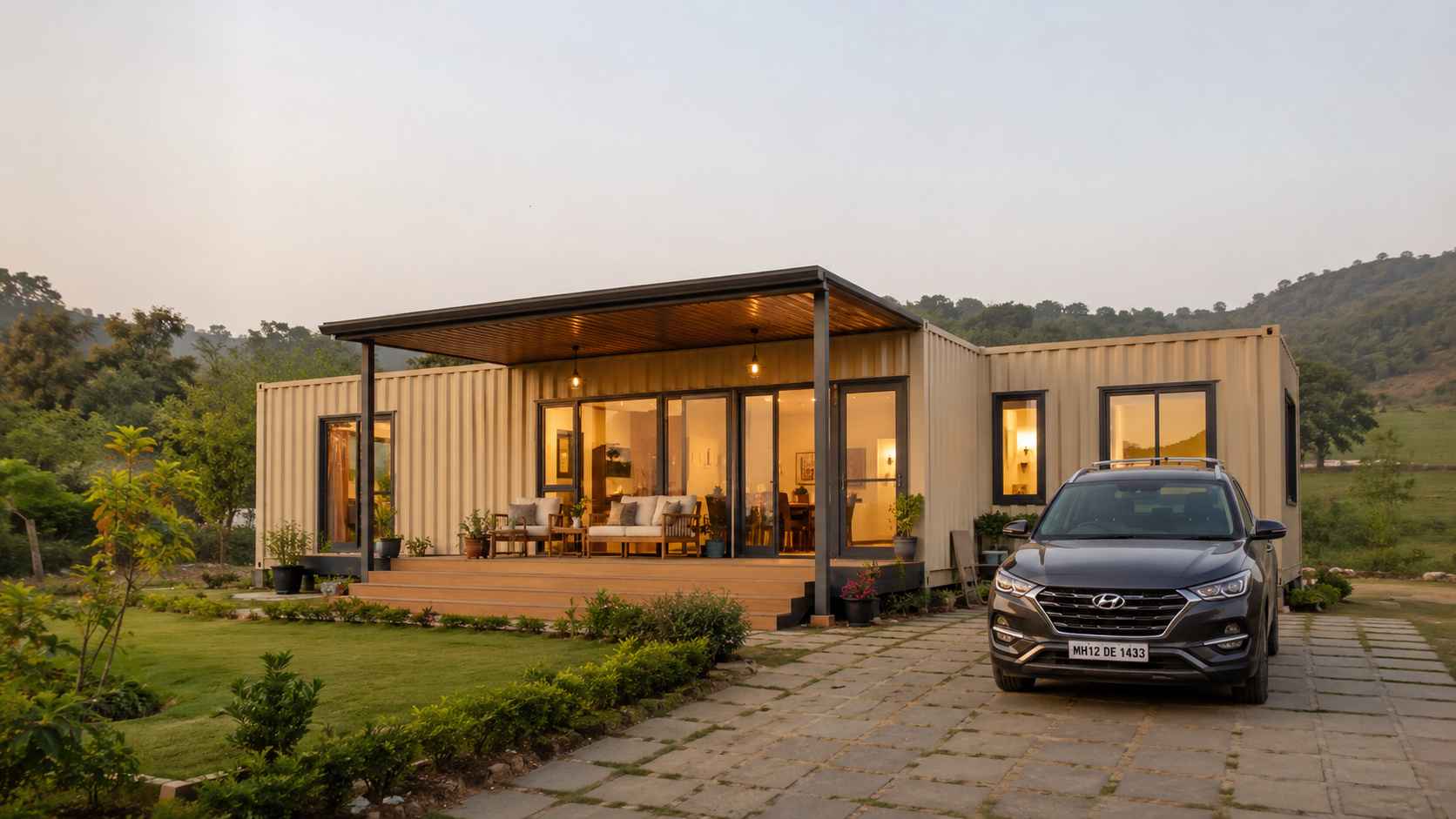 Beige prebuilt container home used as a family residence on a green Indian farmland plot.