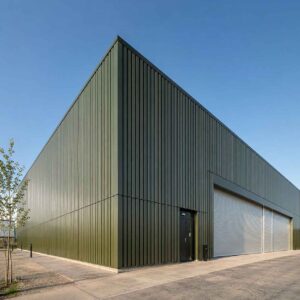 Green steel-frame prefab building constructed by SAMAN on an industrial plot under clear sky.