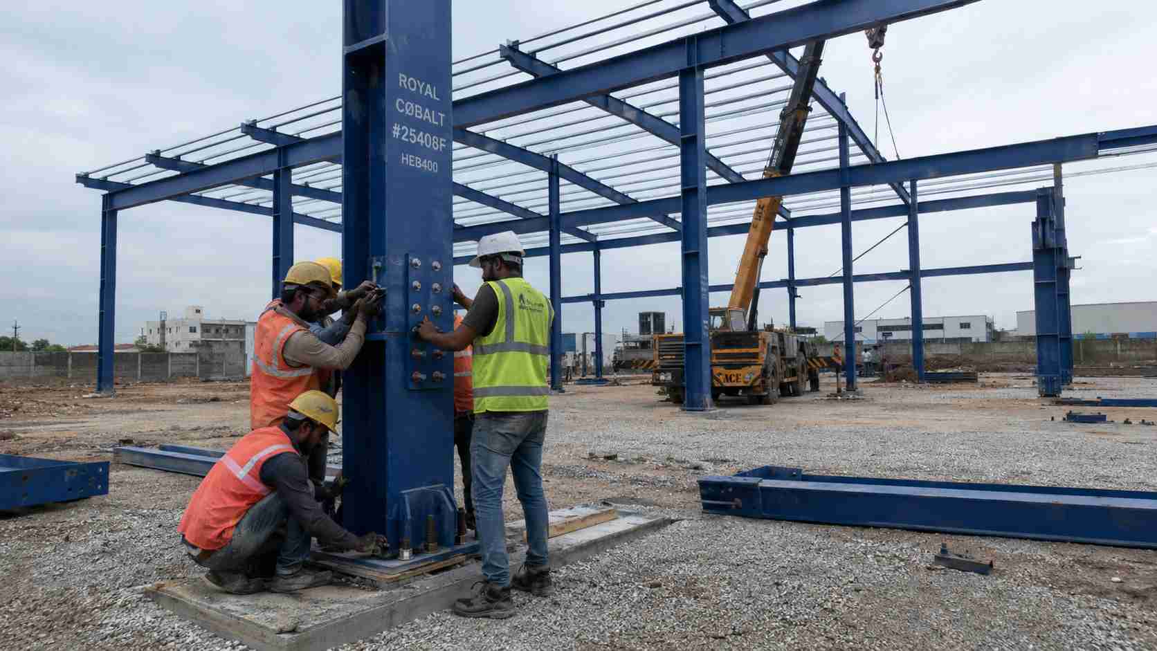 Workers erecting a cobalt-blue steel portal frame for a prefab building on an Indian industrial site.