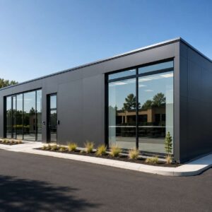 Charcoal prefab commercial building with full-height glass frontage and landscaped entrance on a paved lot.