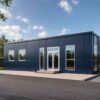 Navy prefab commercial building with a glazed double-door entrance and side windows on a commercial site.