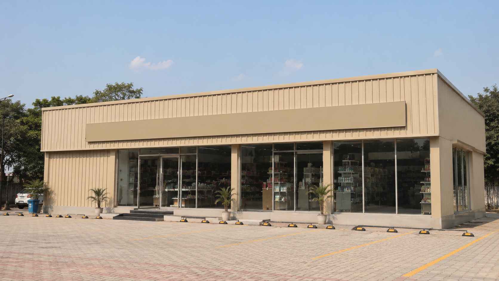 Beige prefab commercial building fully finished and ready to open on a paved Indian commercial lot.