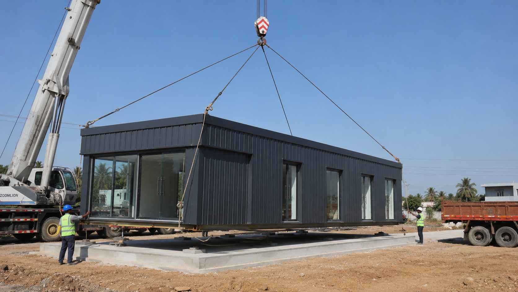 Charcoal prefab commercial building being craned onto a concrete plinth on a commercial site in India.