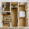 Top-down floor plan of SAMAN prefab container home showing bedroom, bathroom, central kitchen, and dining layout in 480 sqft.