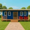 Front view of SAMAN marine blue prefab container home with central door, twin flanking windows, and covered wooden porch.