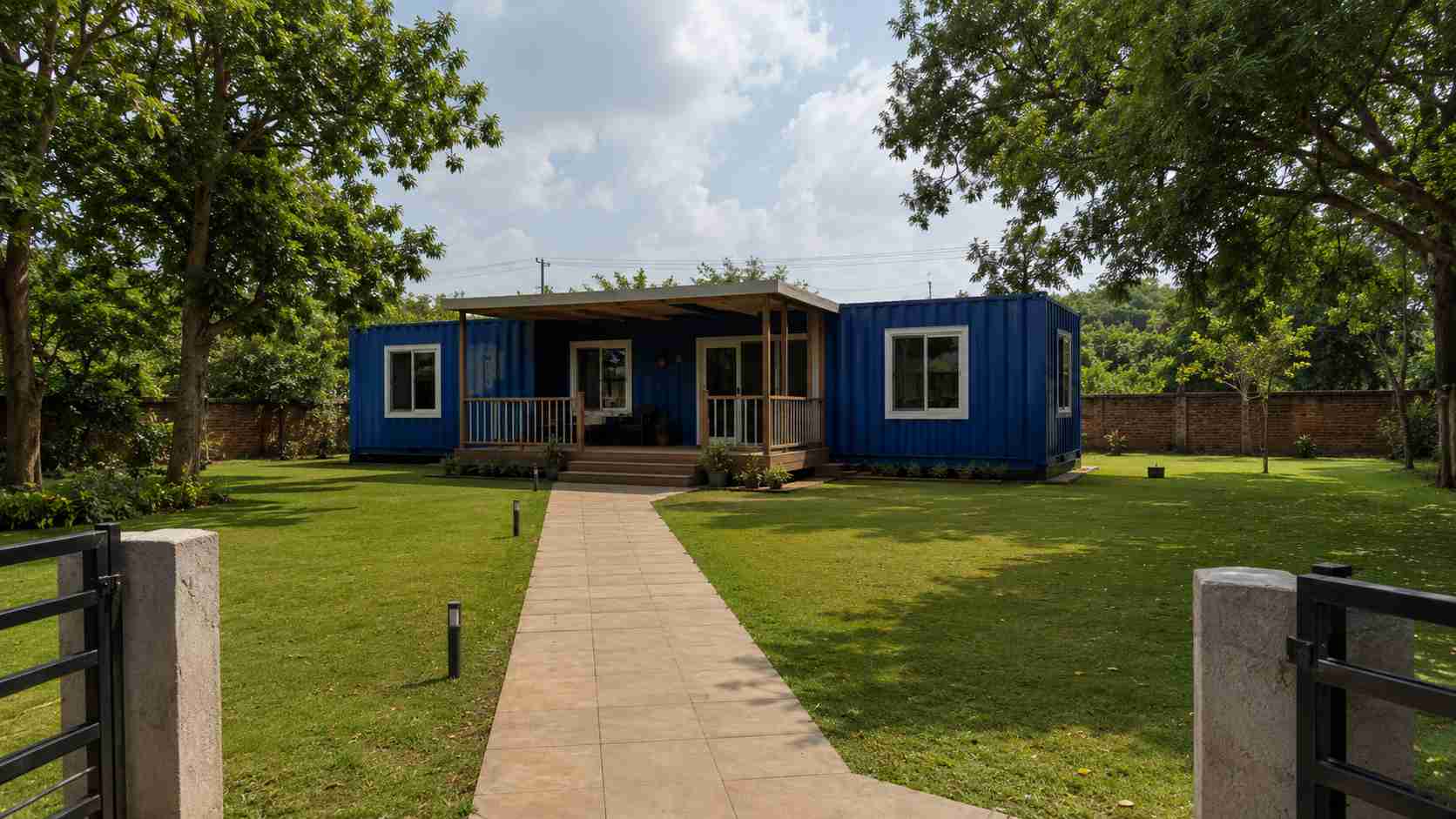 Single SAMAN Royal Cobalt prefab container home placed on a private residential plot in India with paved approach path and mature trees.