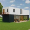 Two-storey prefab container home with balcony view.