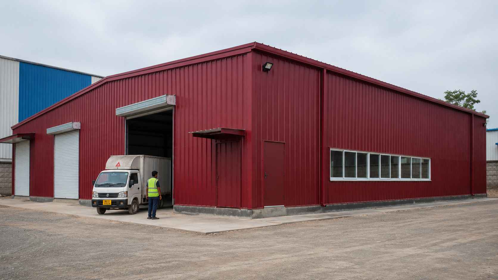 Burgundy 2,160 sq ft prefab industrial building with a worker and tempo showing its 14 ft height.