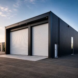 prefab industrial building with three white roller shutters and an office window strip.