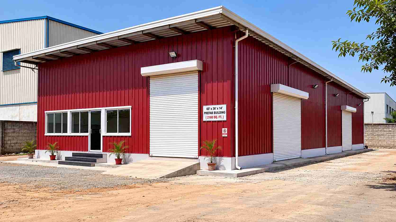  Burgundy prefab industrial building on an Indian industrial estate plot, three-quarter daytime view.