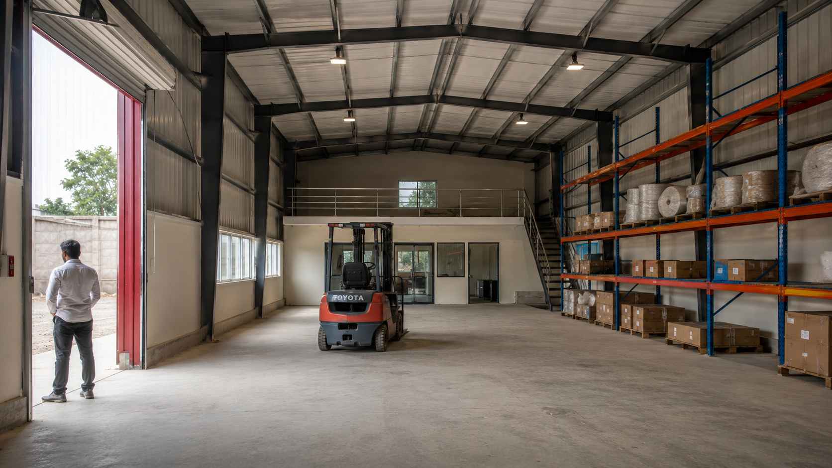 Interior of a prefab industrial building showing 14 ft clear height, pallet racking and a forklift.