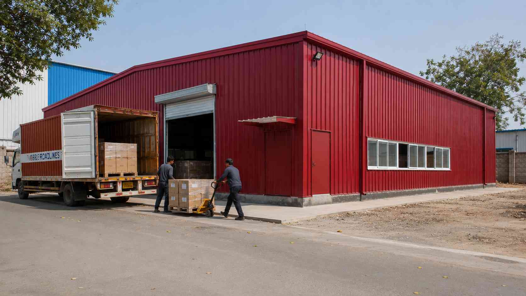 Truck loading at the roller shutter of a burgundy prefab industrial building during operations.