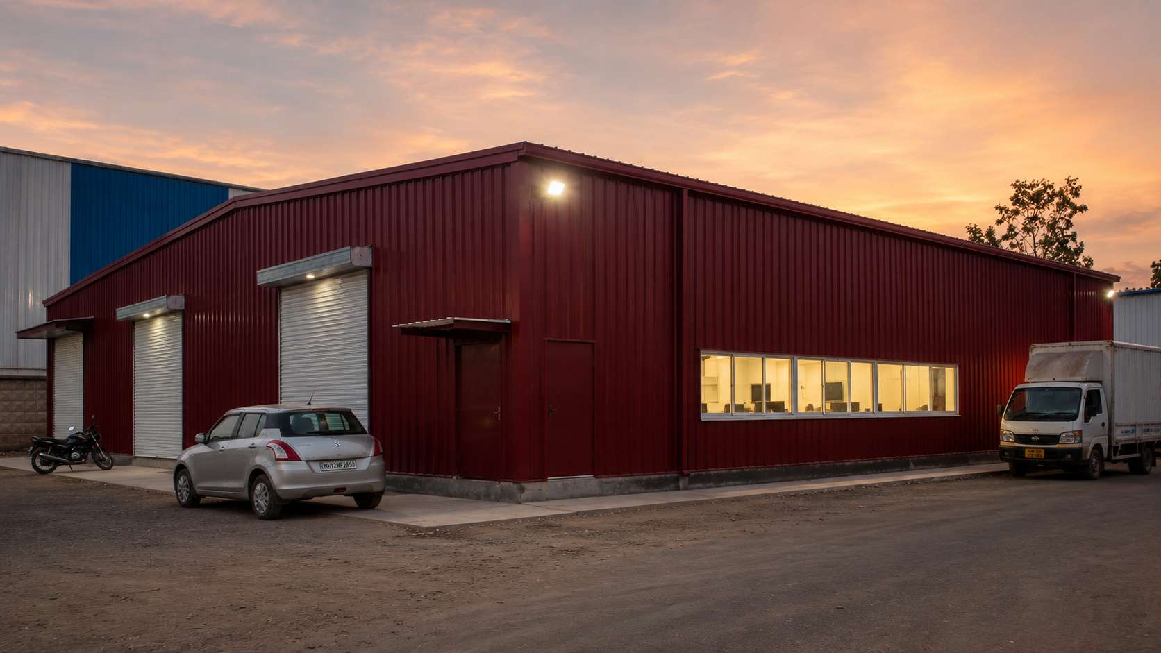 Burgundy prefab industrial building operating at dusk in an Indian industrial park, office lights on.
