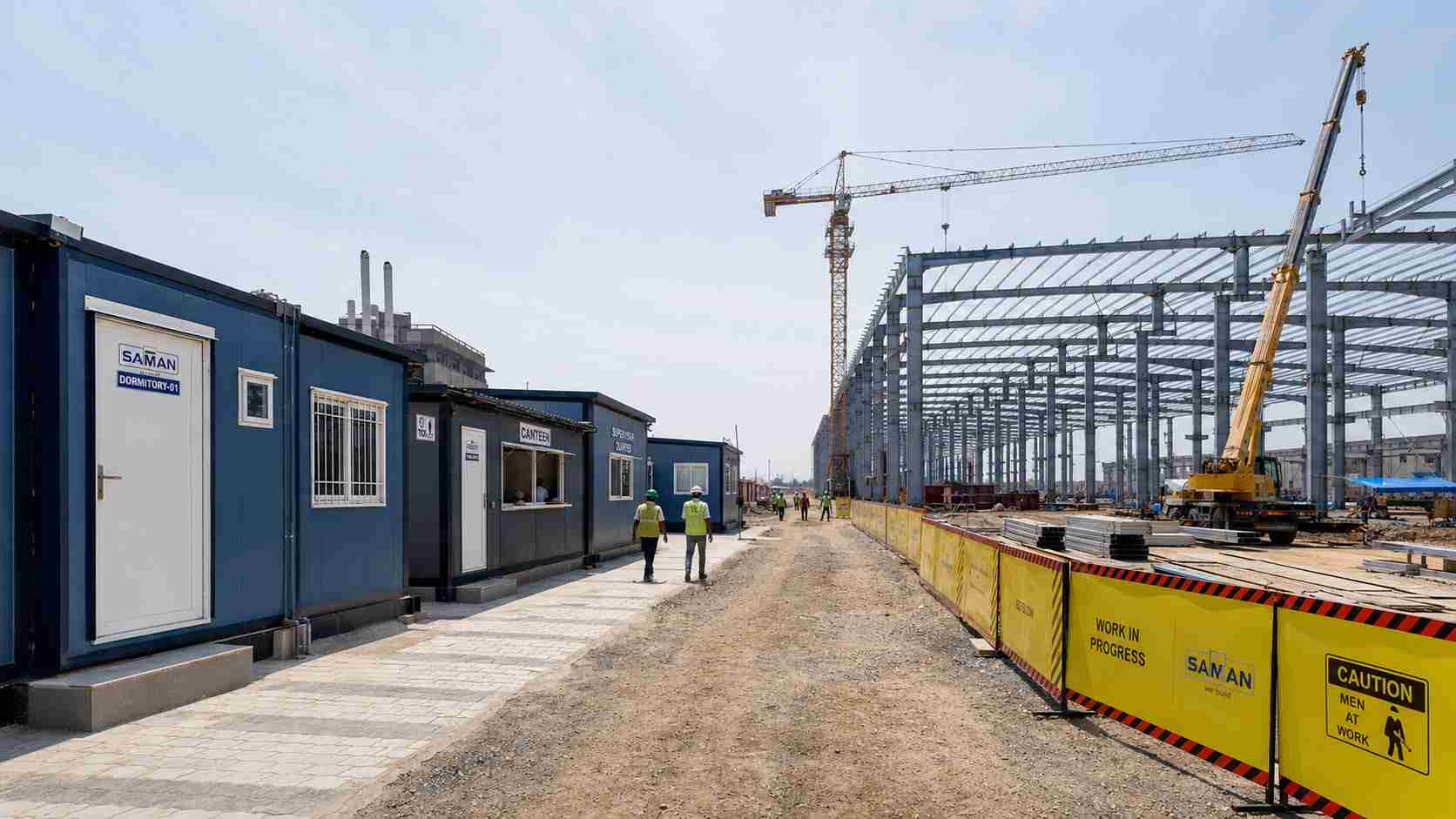 SAMAN prefab labor camp deployed adjacent to a warehouse expansion construction project in India