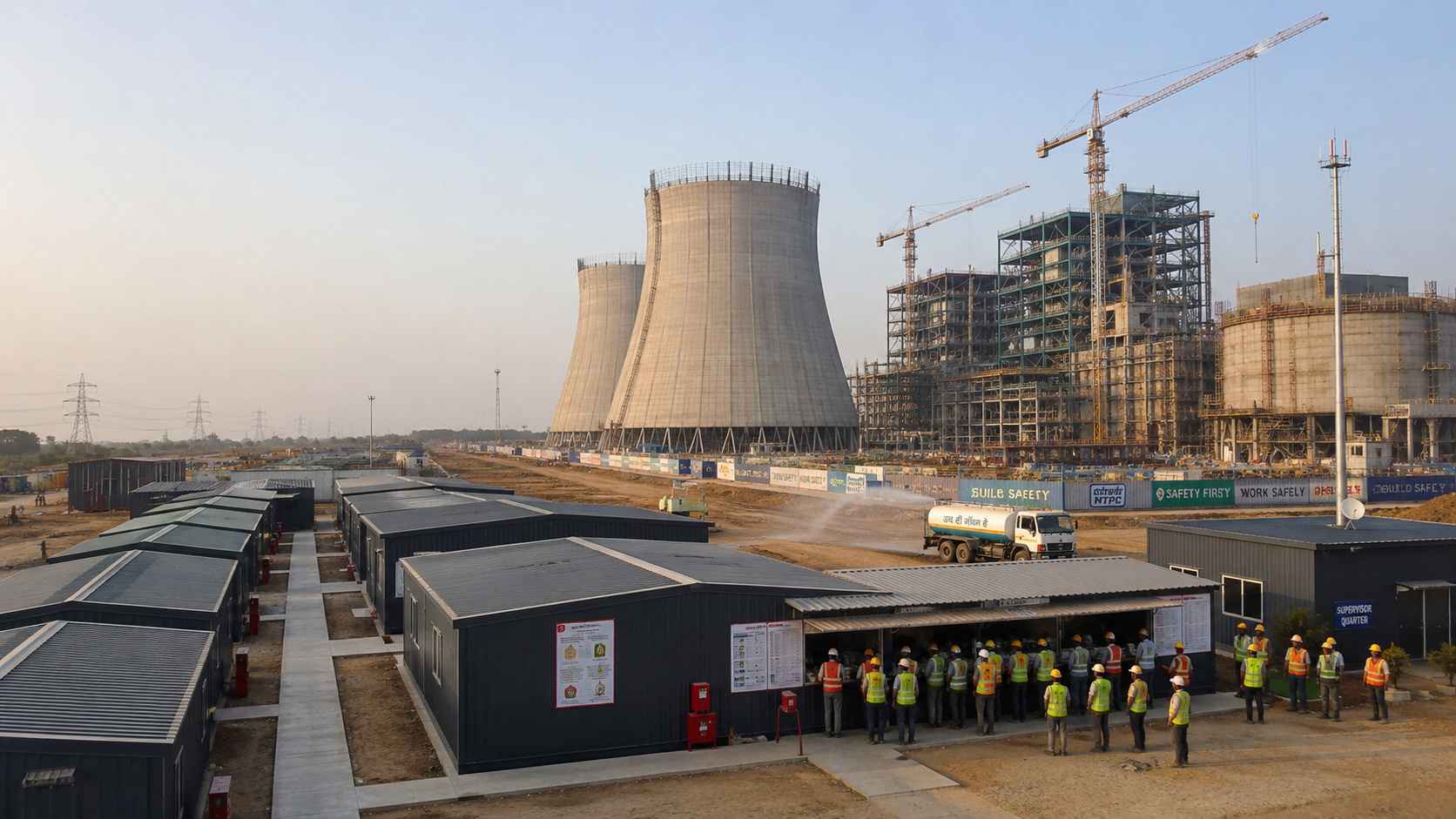 SAMAN prefab labor camp at a thermal power plant construction project in India during evening shift change