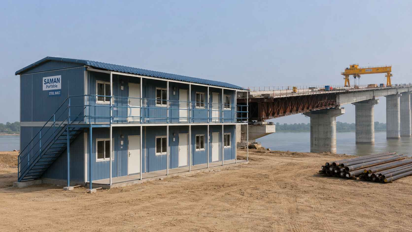 Steel-blue G+1 prefab labor shed at an Indian river-bridge construction project with partially completed bridge deck and gantry crane in the background