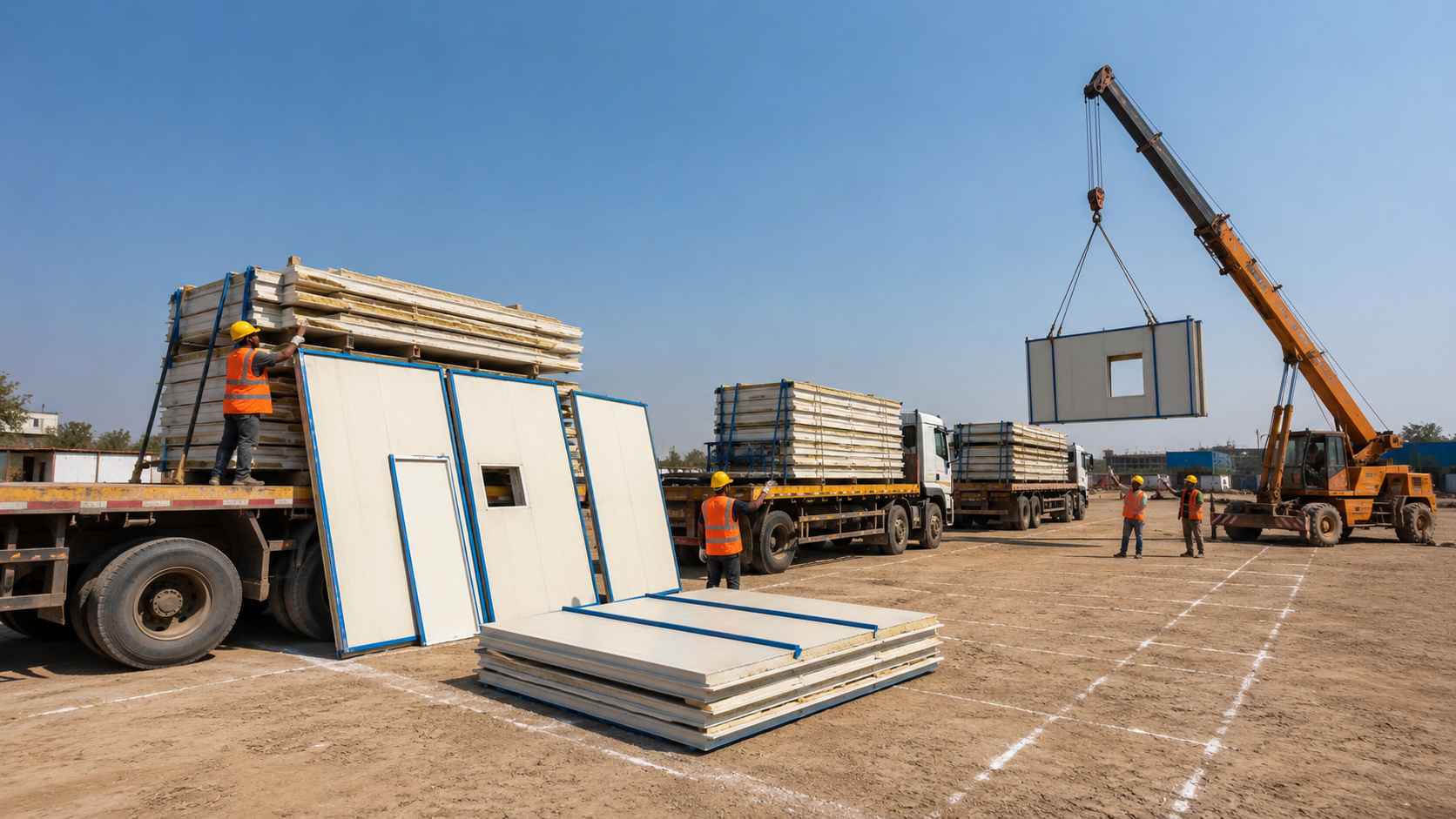 Batched truck delivery of a prefab labour colony to an Indian construction site