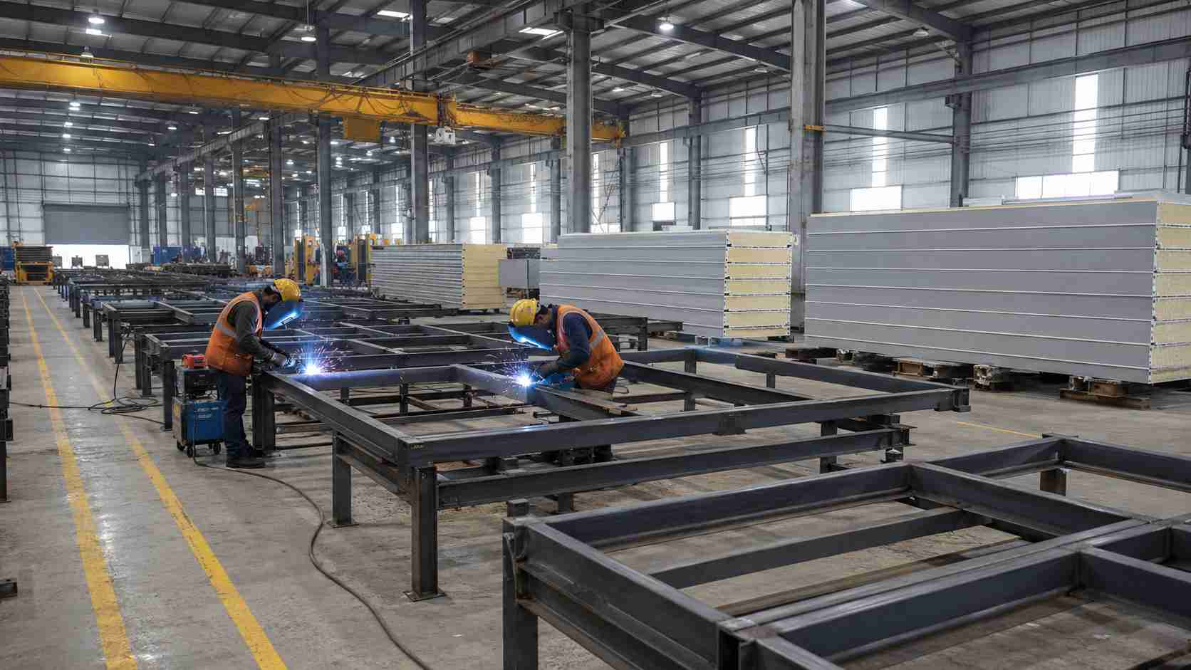 Factory fabrication of MS frames and PUF panels for a SAMAN prefab labour colony