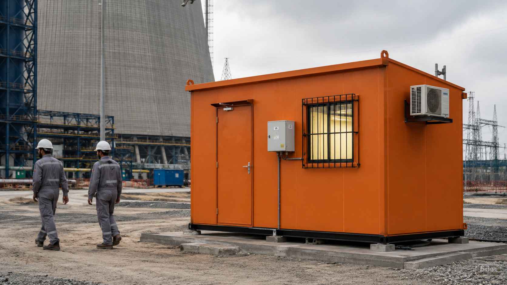Safety Orange prefab mobile office at a thermal power plant with cooling tower visible behind.