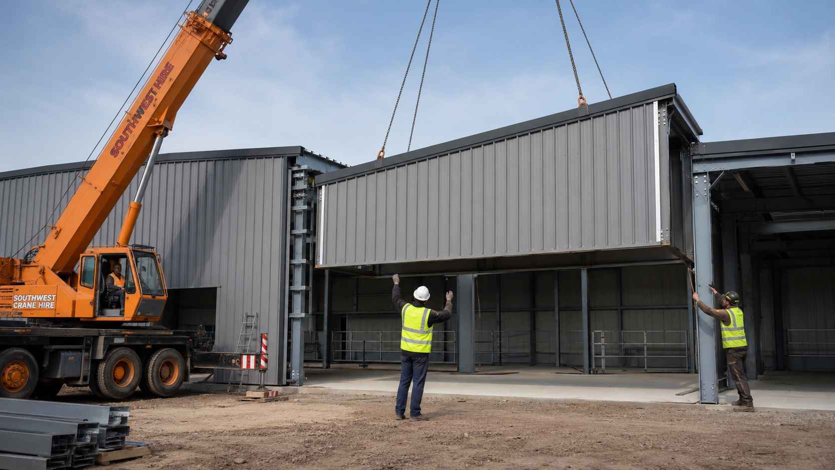 Orange crane lowering a new steel-grey modular section onto an existing building to add a bay.