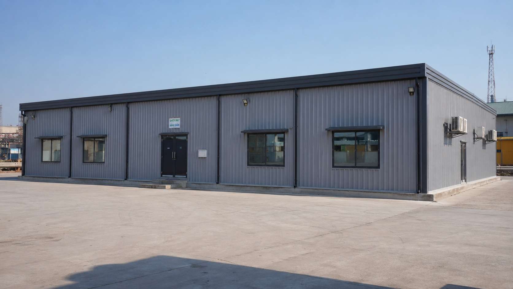 Steel-grey prefab modular construction building on an industrial plot, section seams visible along the cladding.