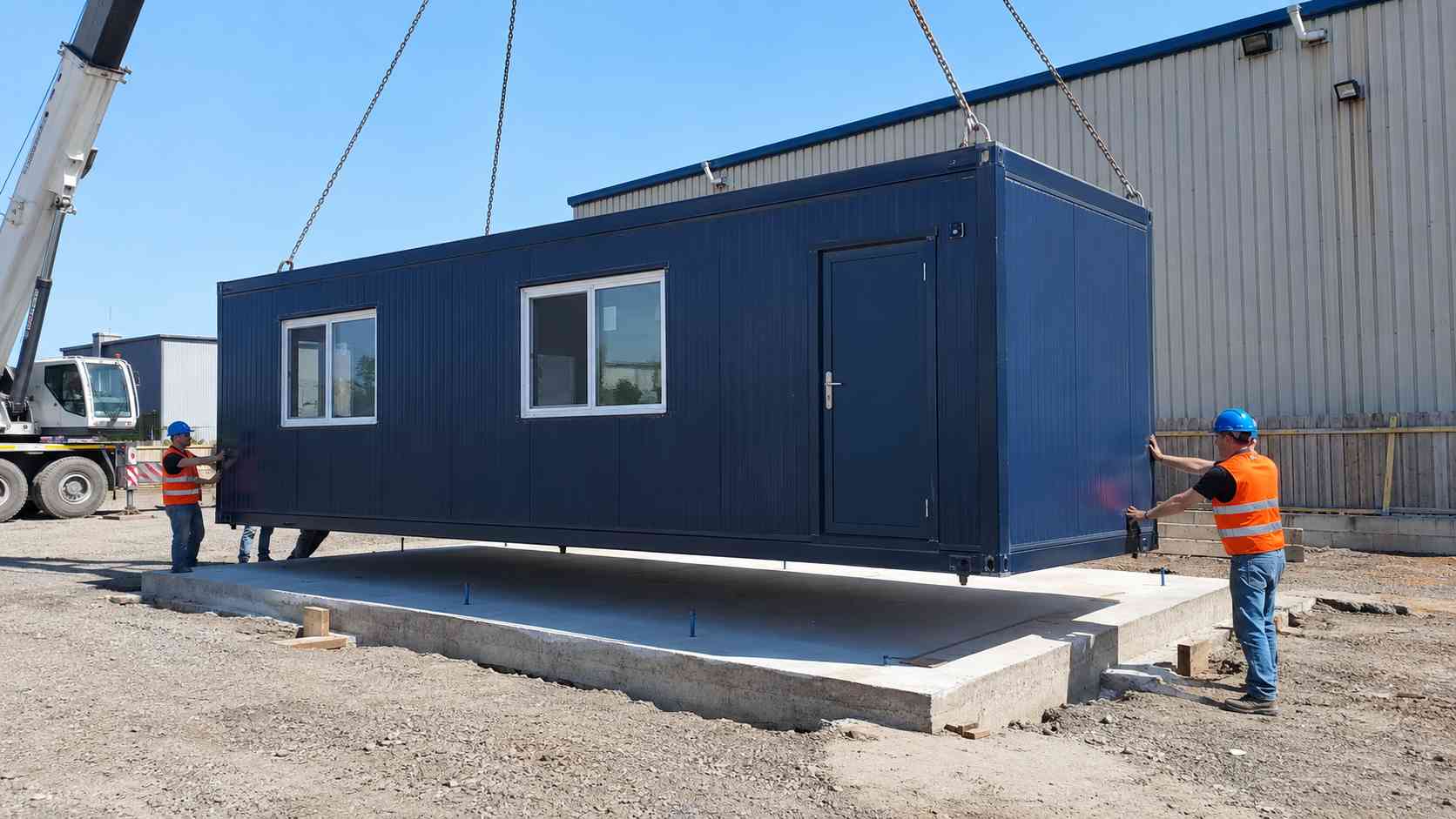 Navy prefab office building lowered onto a level concrete base by a crew, no masonry work