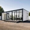 Navy blue prefab office building front entrance with door and signage panel