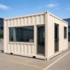Pure white prefab office building side elevation showing 30 ft length and window line