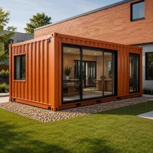 Steel grey 30×12 ft prefab office building with glass door and windows, front three-quarter view
