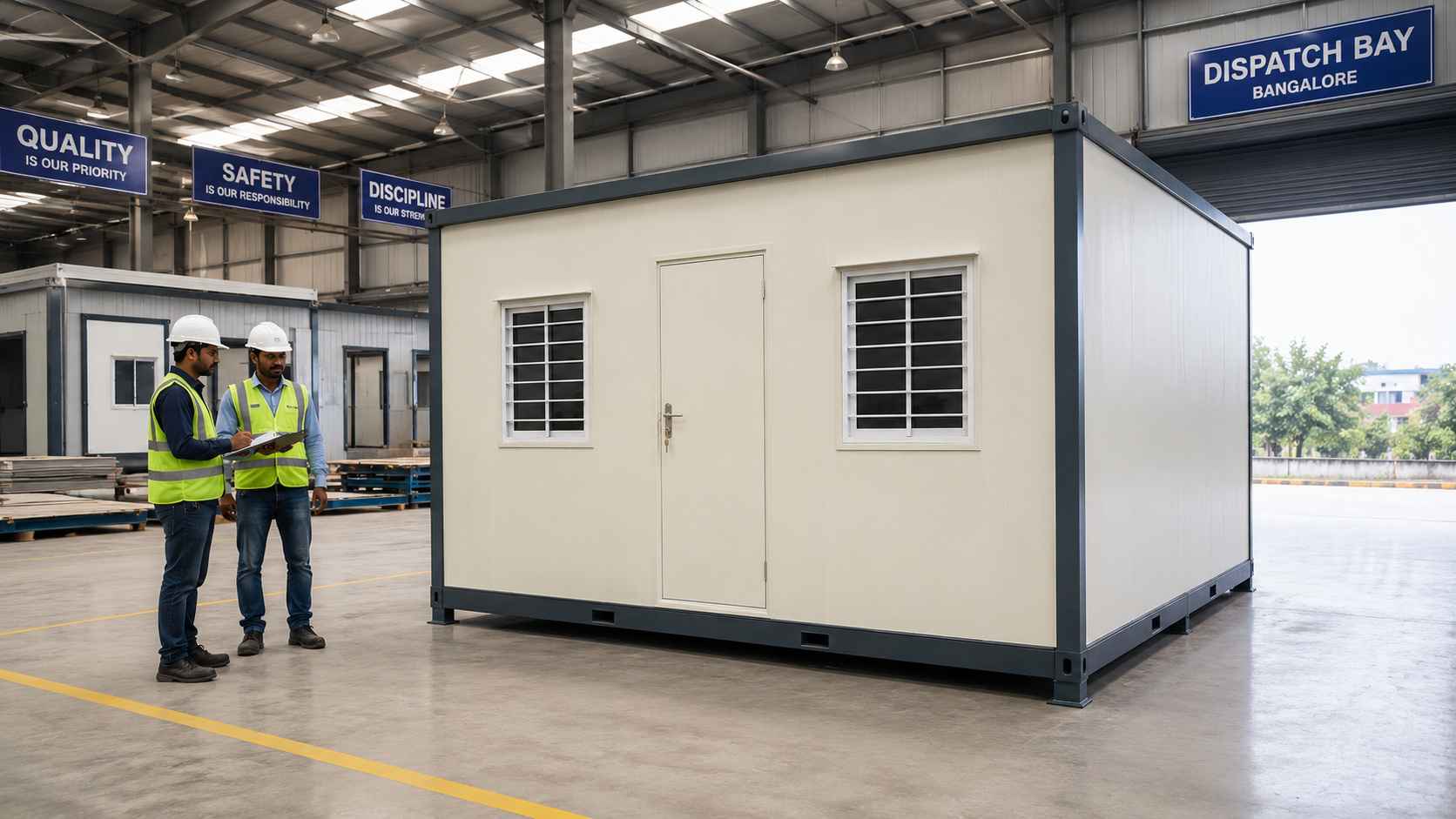 Completed prefab portable office at SAMAN Bangalore factory dispatch bay ready for single-piece transport