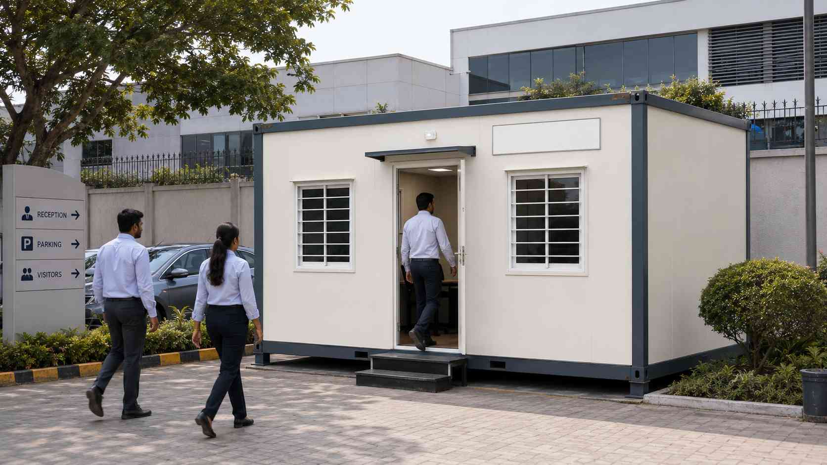 Prefab portable office in active use as a branch office at a commercial compound in India